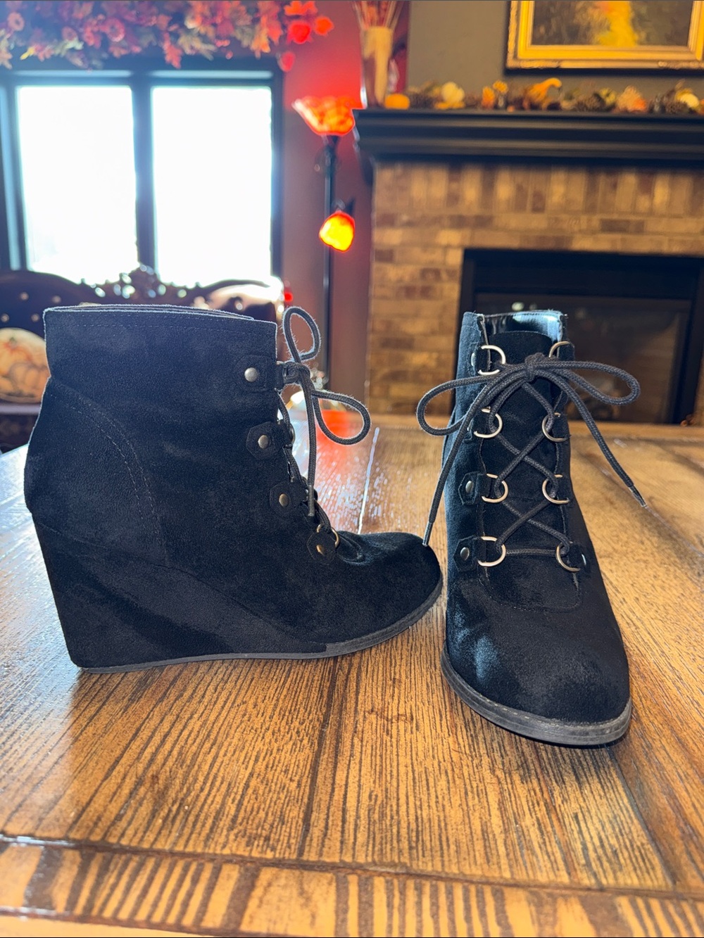 Madden Girl Black Suede Lace-Up Wedge Ankle Boots